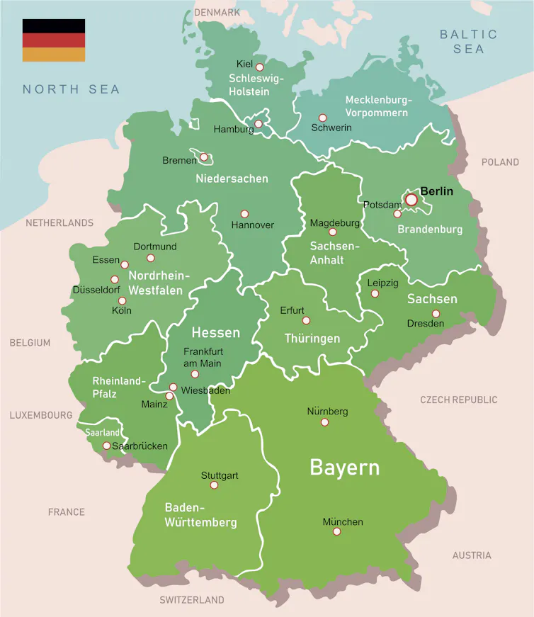 A map of Germany showing the boundaries of its states.