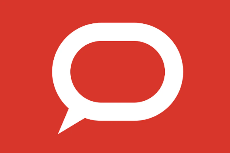 Logo: white speech bubble on red background