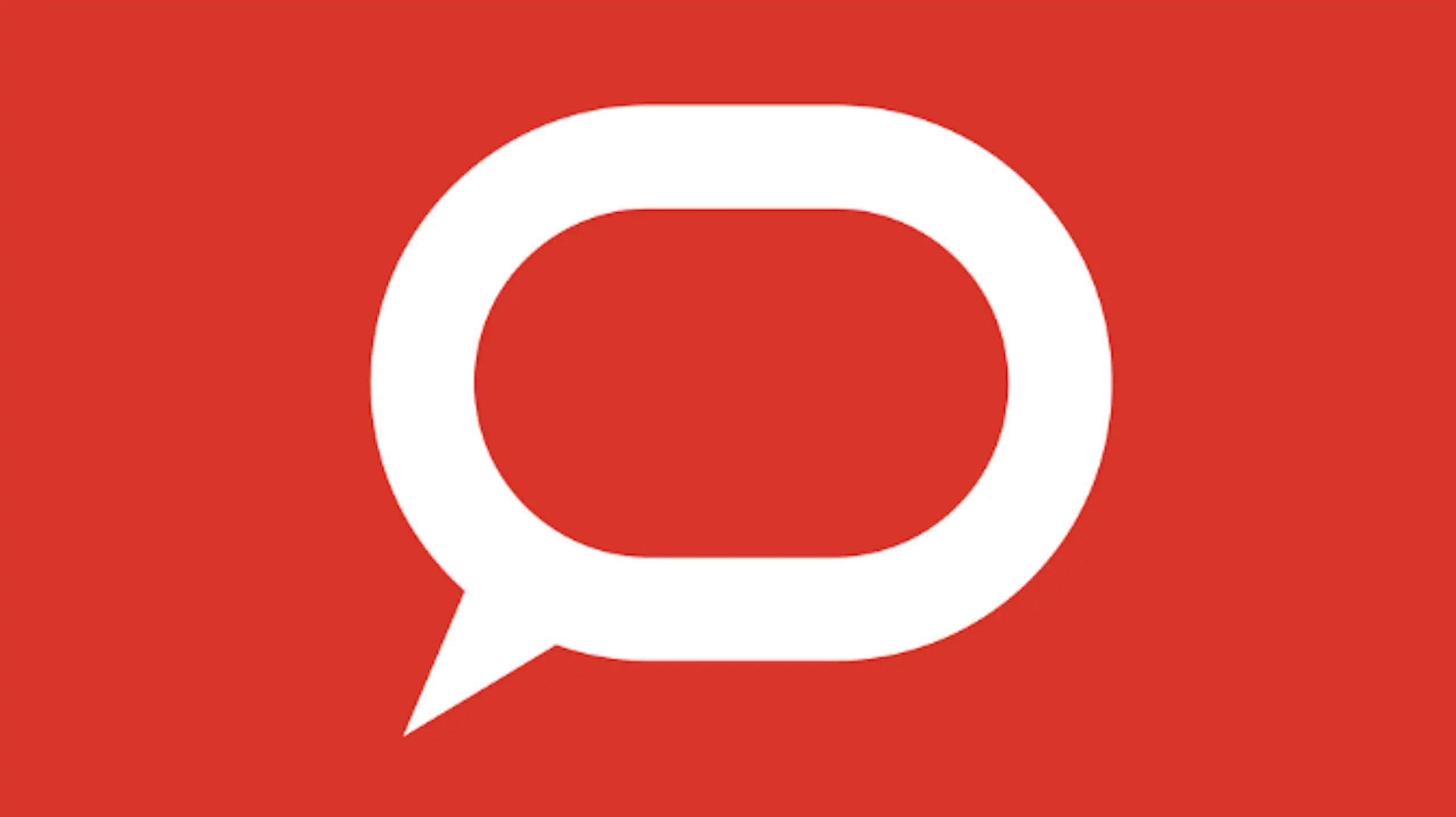 Logo: white speech bubble on red background