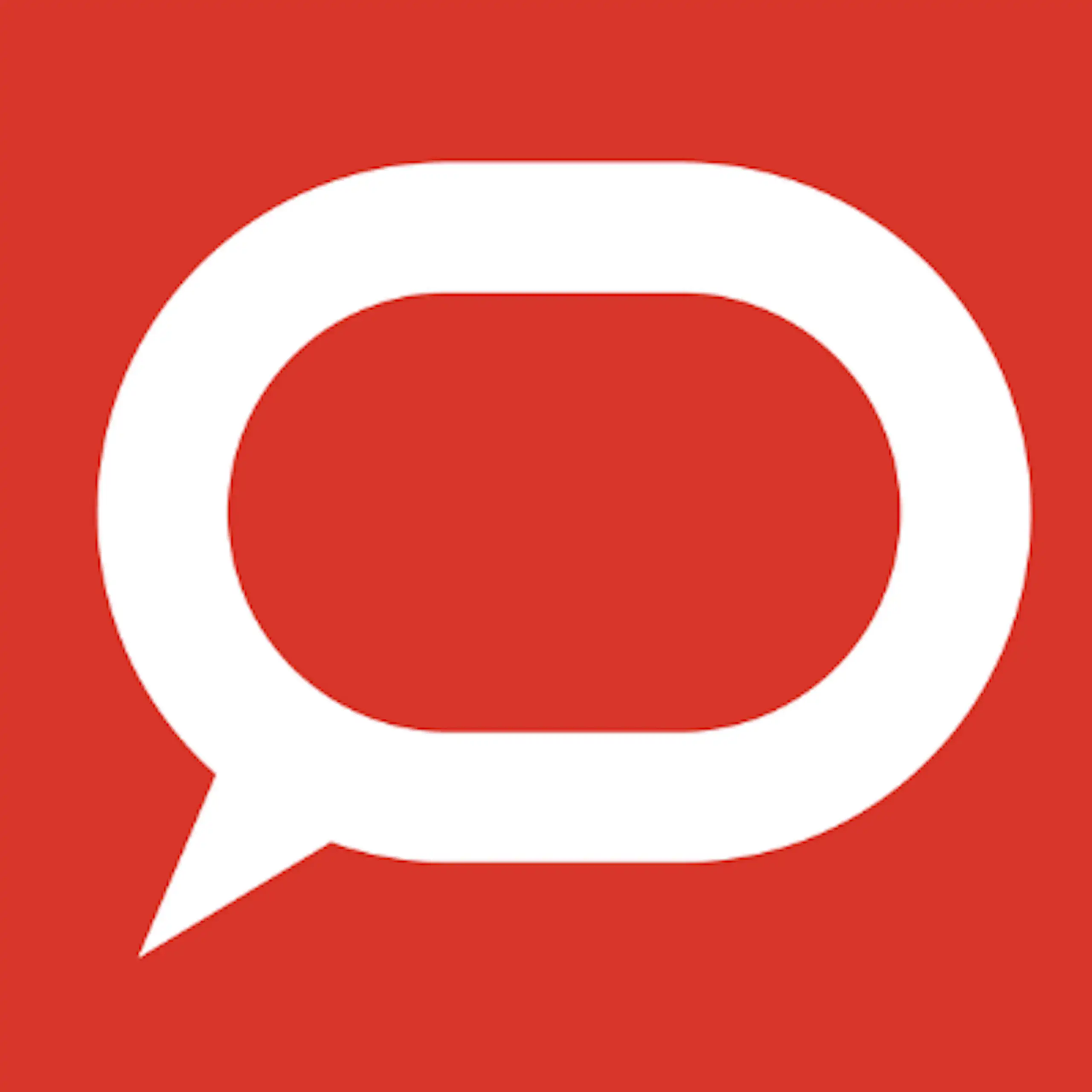 Logo: white speech bubble on red background