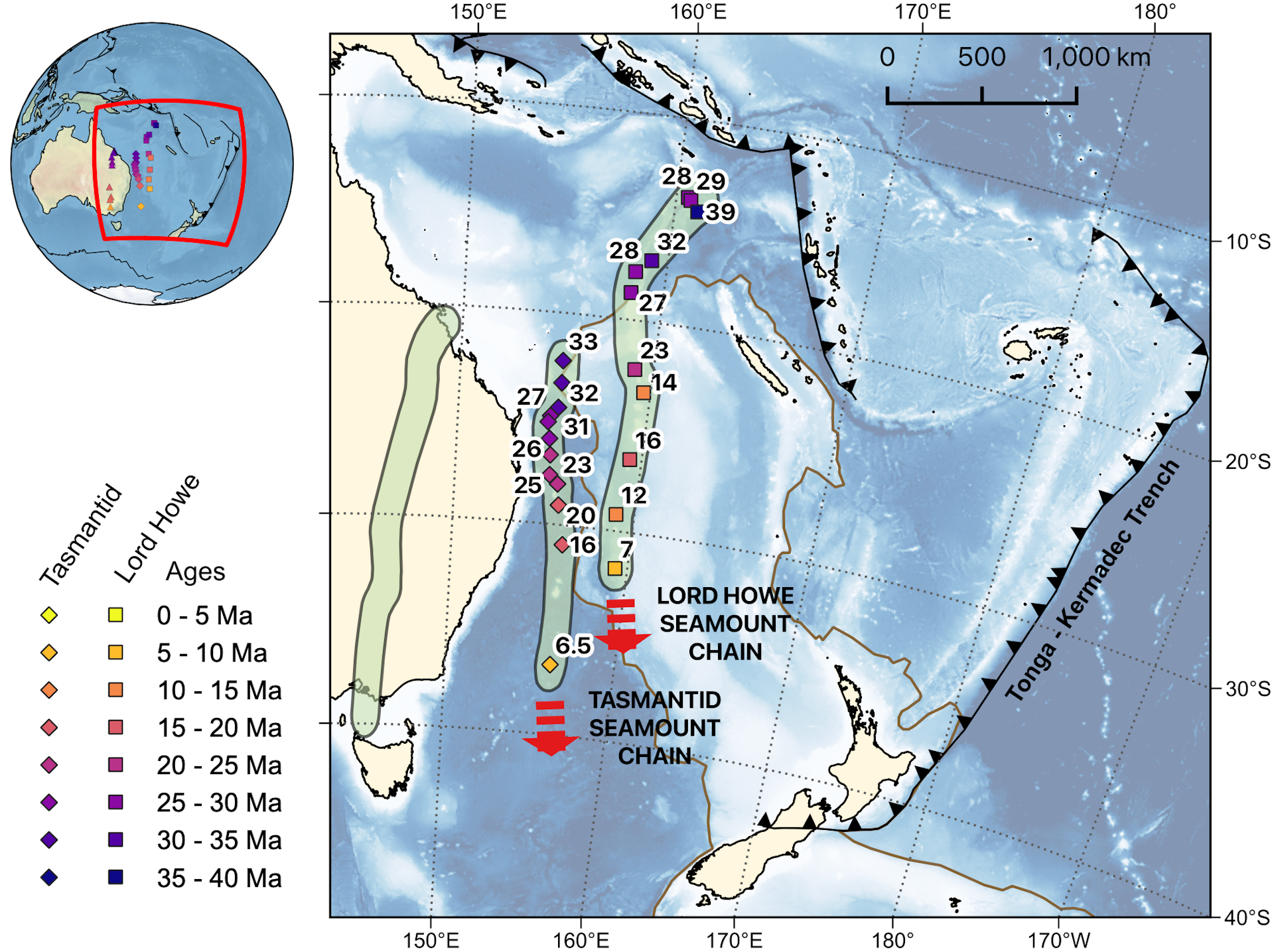 A map showing the Tasmantid and Lord Howe hotspot chains in the Tasman Sea