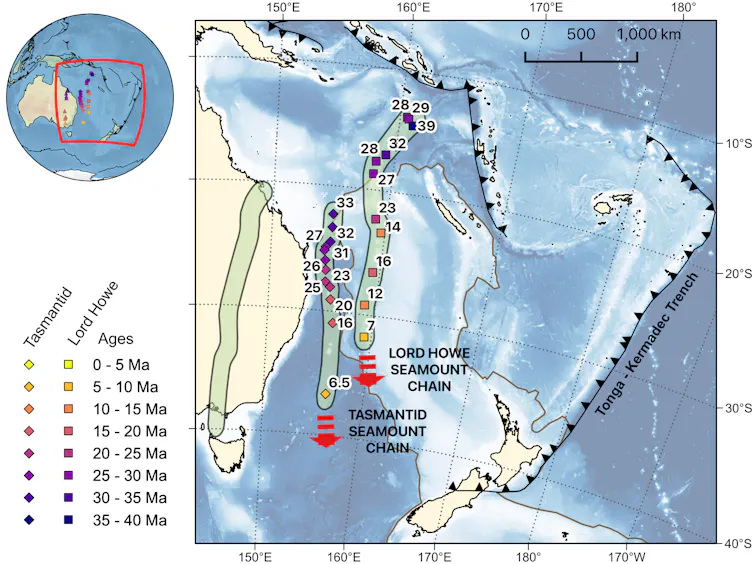 A map showing the Tasmantid and Lord Howe hotspot chains in the Tasman Sea