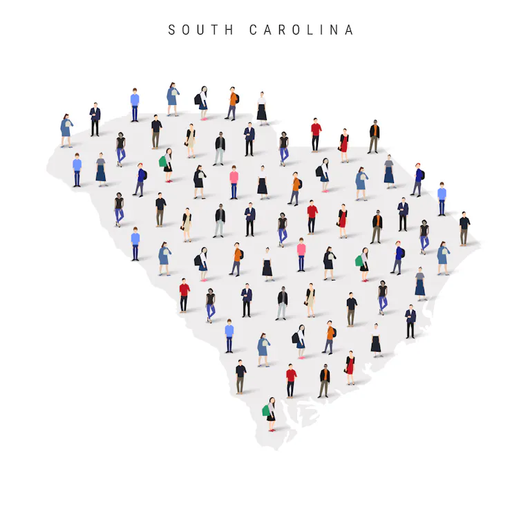 A map of South Carolina shows various people standing across it.