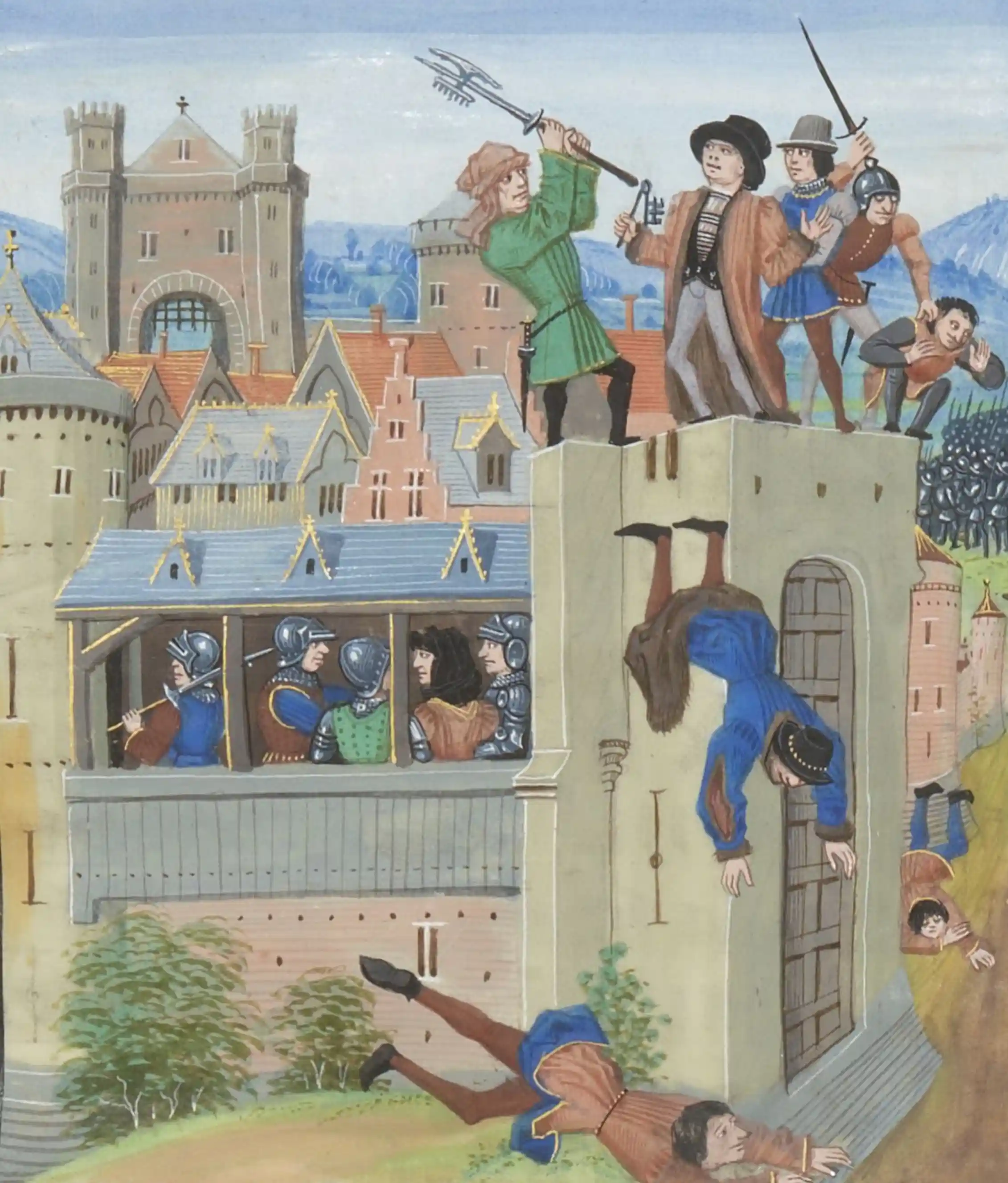 A colorful medieval-style illustration showing armed rebels attacking a fortified gate. Atop the wall, a man in green raises a polearm while several armed men s