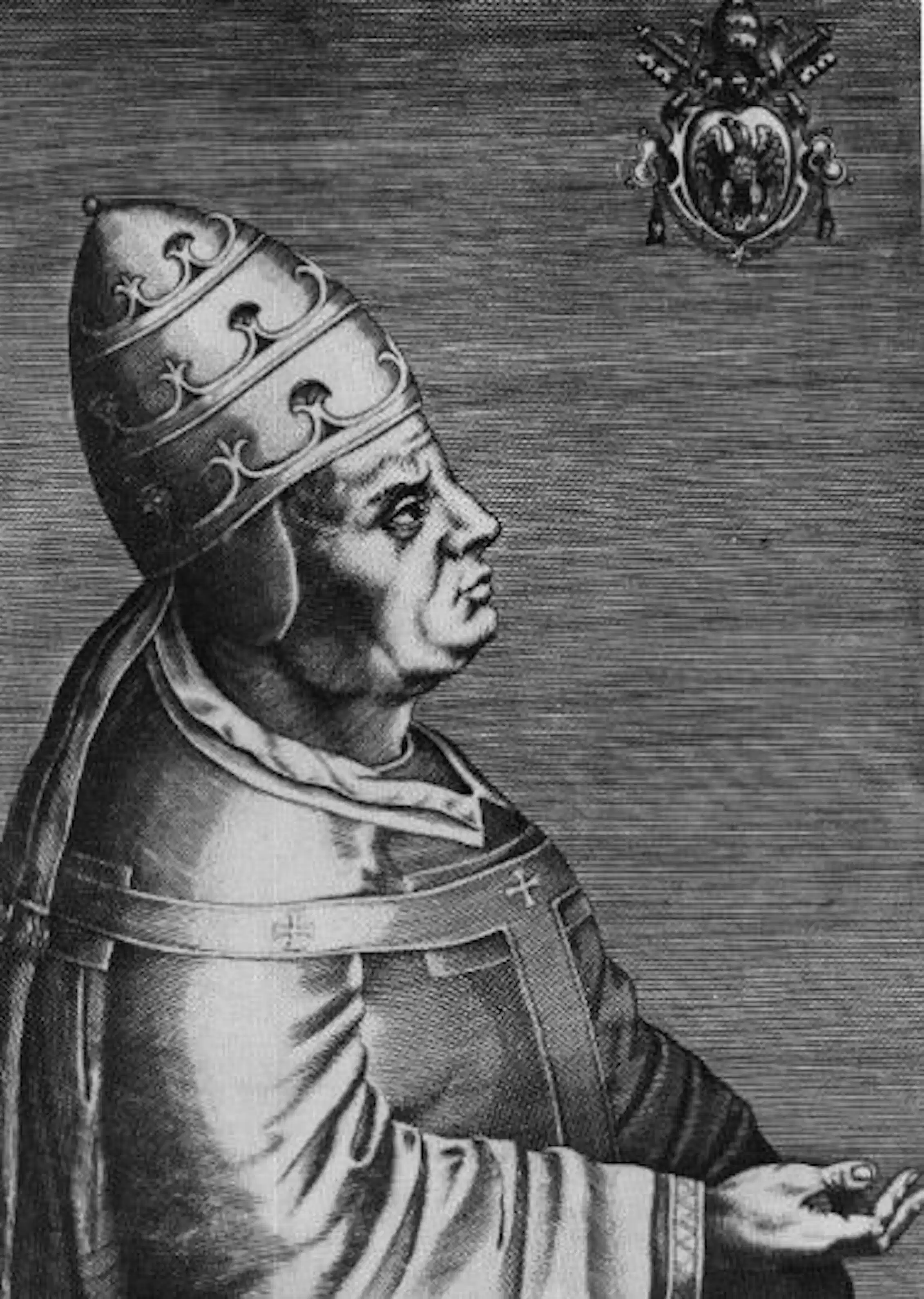 Black-and-white engraving of an older, stern man wearing a robe and a tall, pontifical crown.