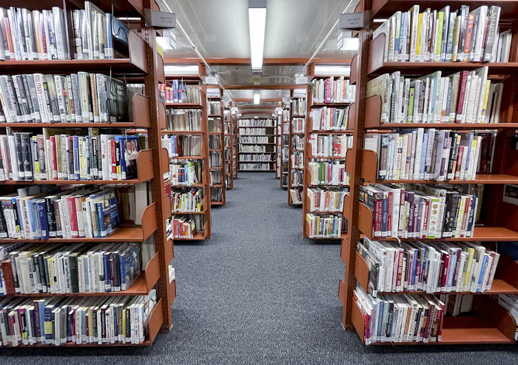 Stacks of tall shelves filled with books