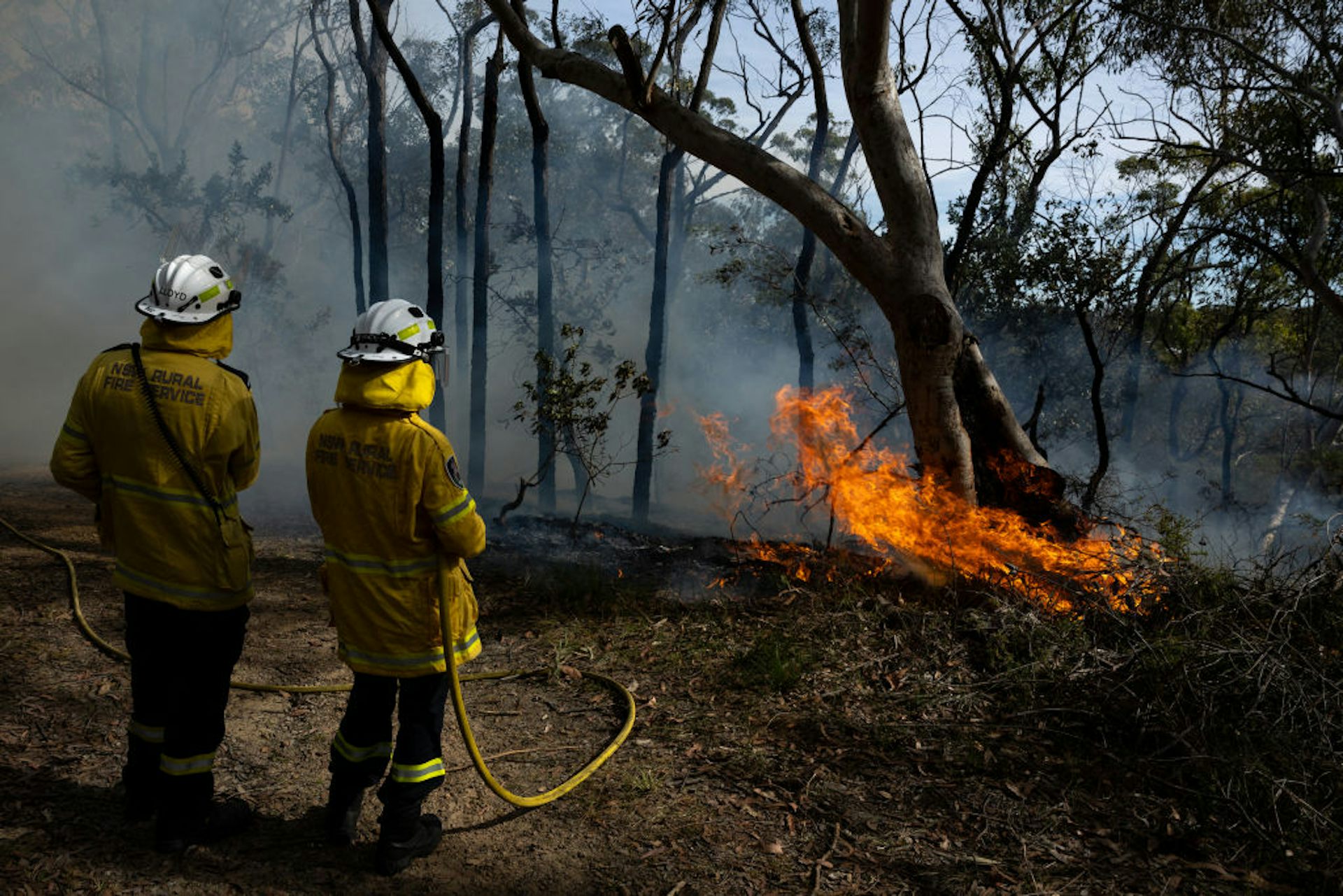 Two firefighters in yellow uniforms hold a hose while looking out onto a small fire.