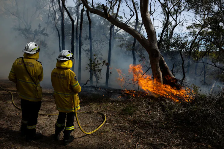 Two firefighters in yellow uniforms hold a hose while looking out onto a small fire.