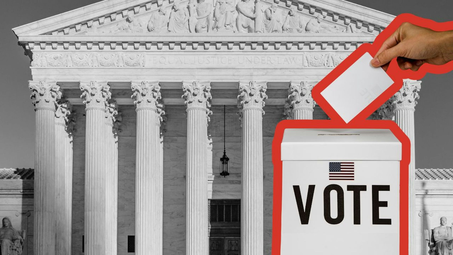 U.S. Supreme Court building with an oversized ballot box outlined in red and labeled "VOTE."