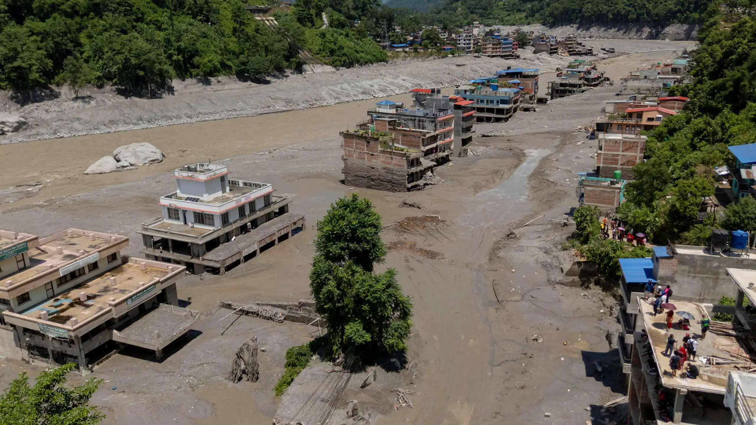A drone photo taken on Aug. 27, 2026 shows a view of a massive flash flood-hit Nuwakot, Nepal.