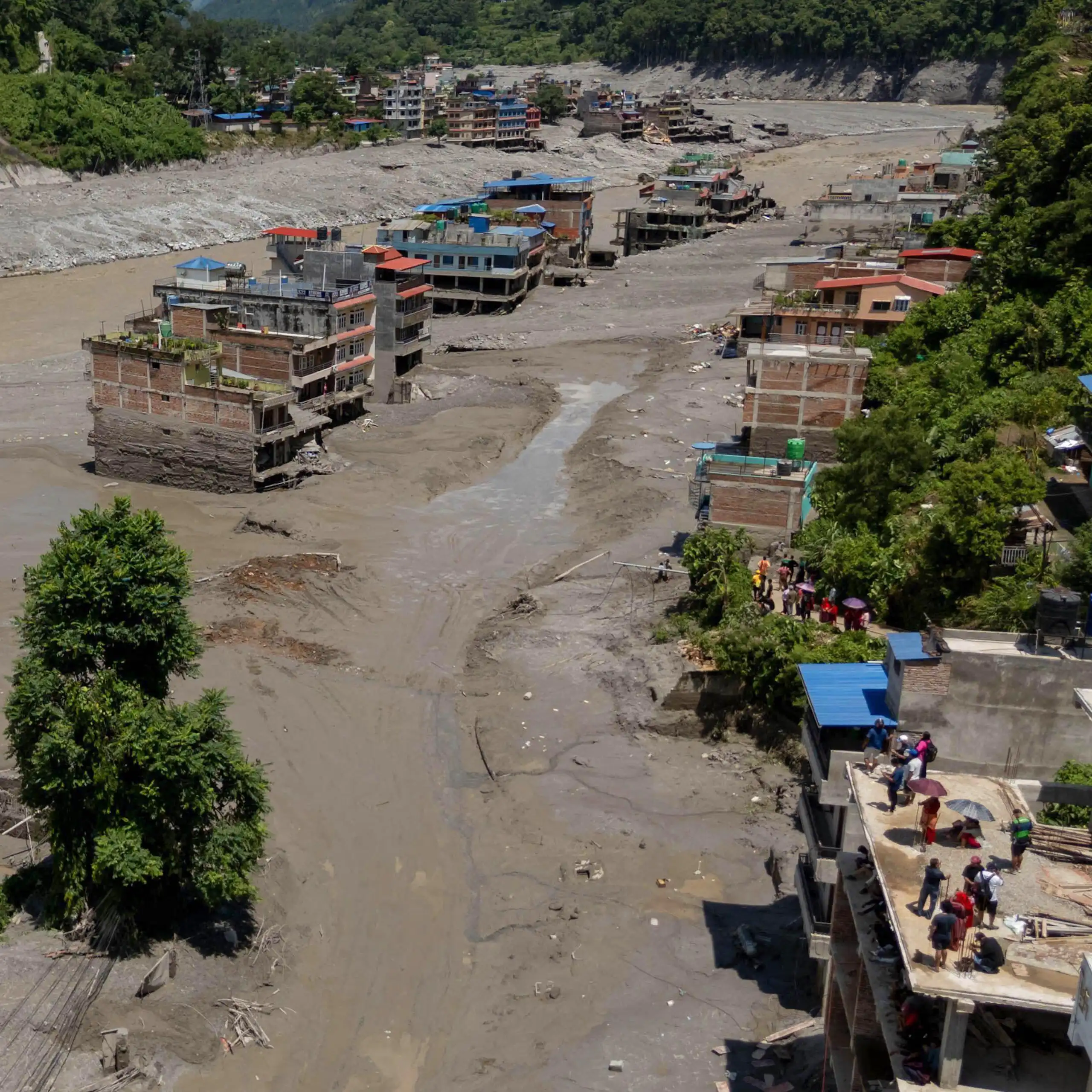 A drone photo taken on Aug. 27, 2026 shows a view of a massive flash flood-hit Nuwakot, Nepal.