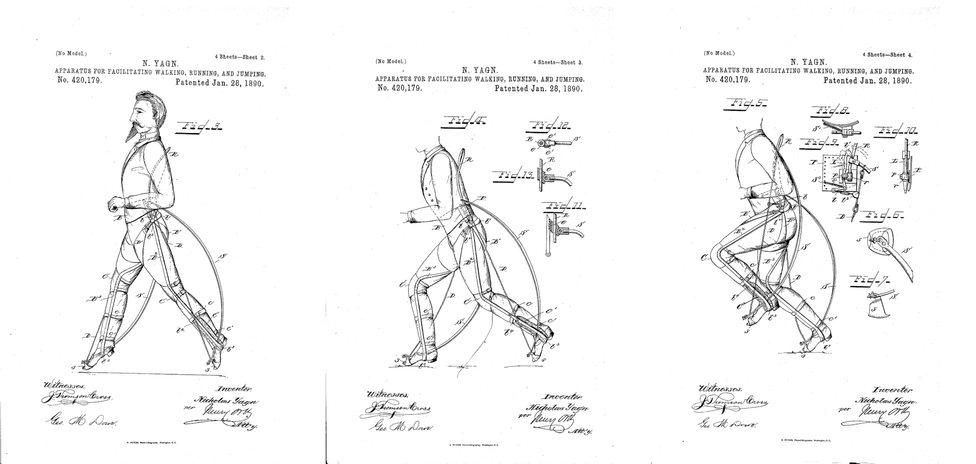 Three line drawings of a man wearing a basic exoskeleton, taken from Nicholas Yagn’s patent for his device.