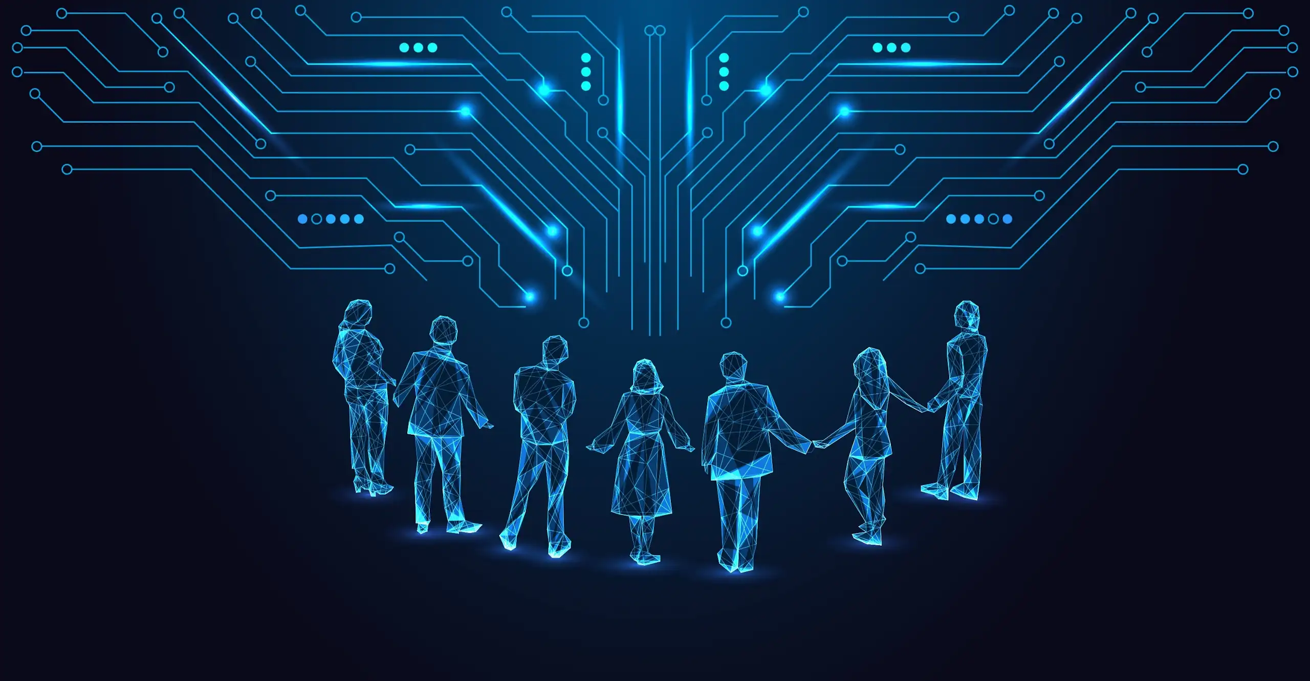 Ilustração futurista de pessoas digitais luminosas conectadas a um sistema de circuitos.