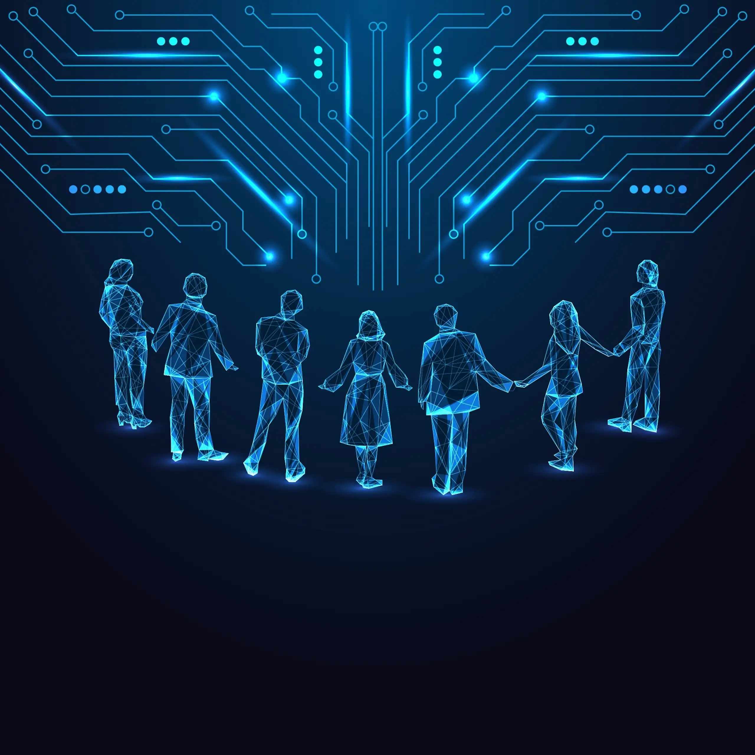 Ilustração futurista de pessoas digitais luminosas conectadas a um sistema de circuitos.