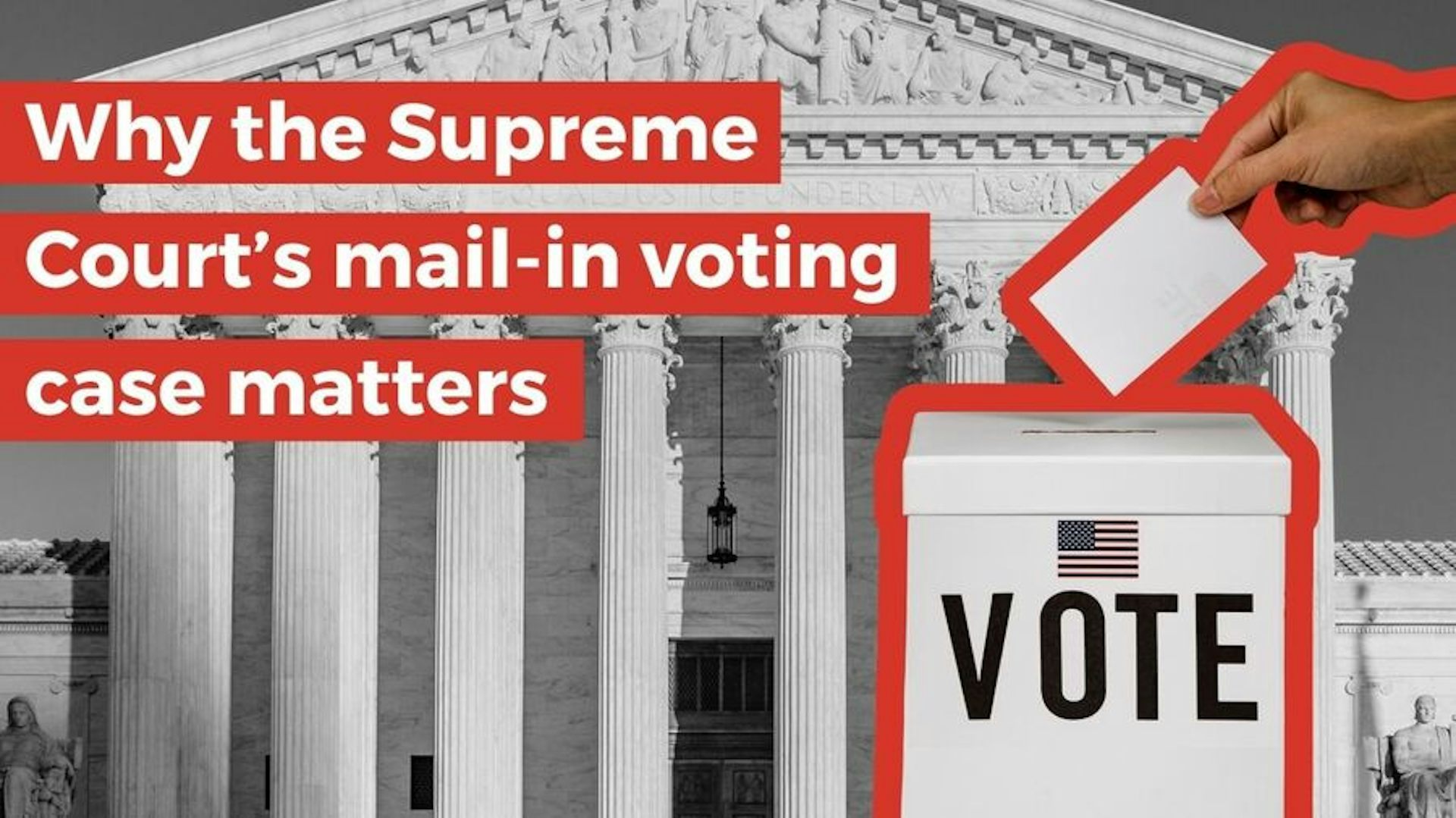 U.S. Supreme Court building with an oversized ballot box outlined in red and labeled "VOTE."