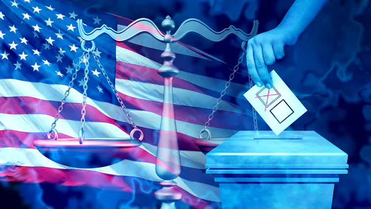 An illustration with the American flag, scales of justice and a person placing a ballot in a ballot box.