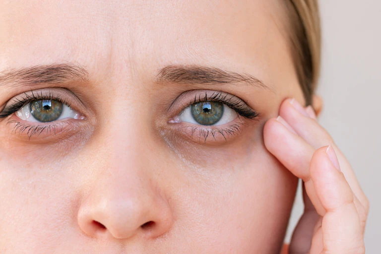 Woman with dark rings under her eyes.