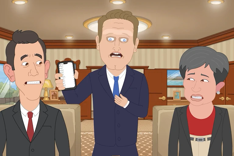 A screenshot of cartoon versions of Jim Chalmers, Andrew Hastie and Penny Wong