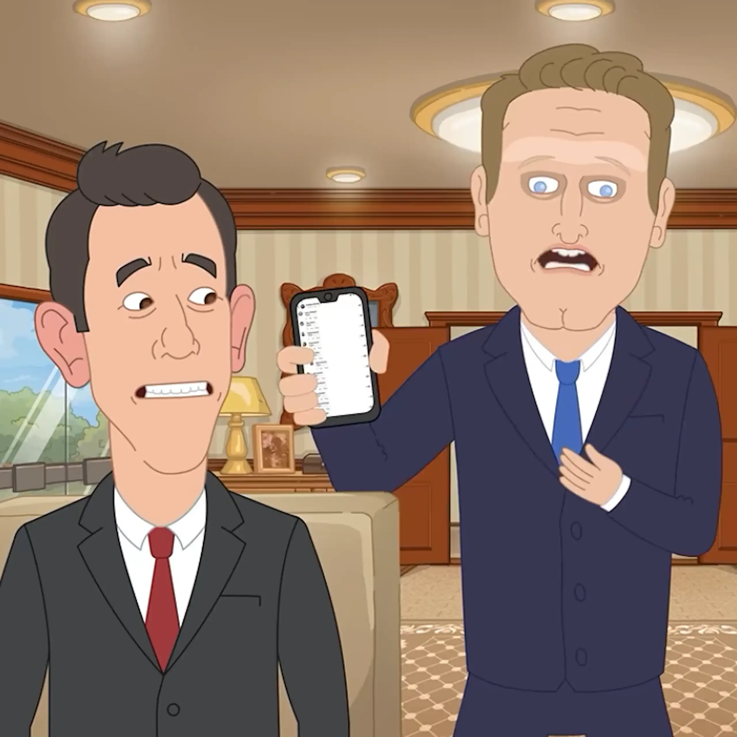 A screenshot of cartoon versions of Jim Chalmers, Andrew Hastie and Penny Wong