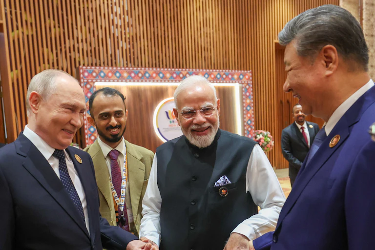 Indian Prime Minister Narendra Modi with Russian President Vladimir Putin and Chinese President Xi Jinping.