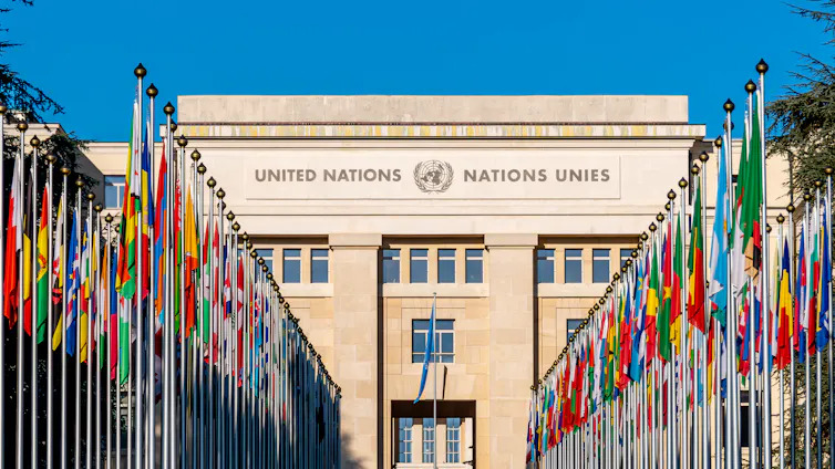 The Alley of Flags leads to the United Nations Office in Geneva, the European headquarters of the UN.