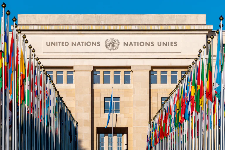 The Alley of Flags leads to the United Nations Office in Geneva, the European headquarters of the UN.