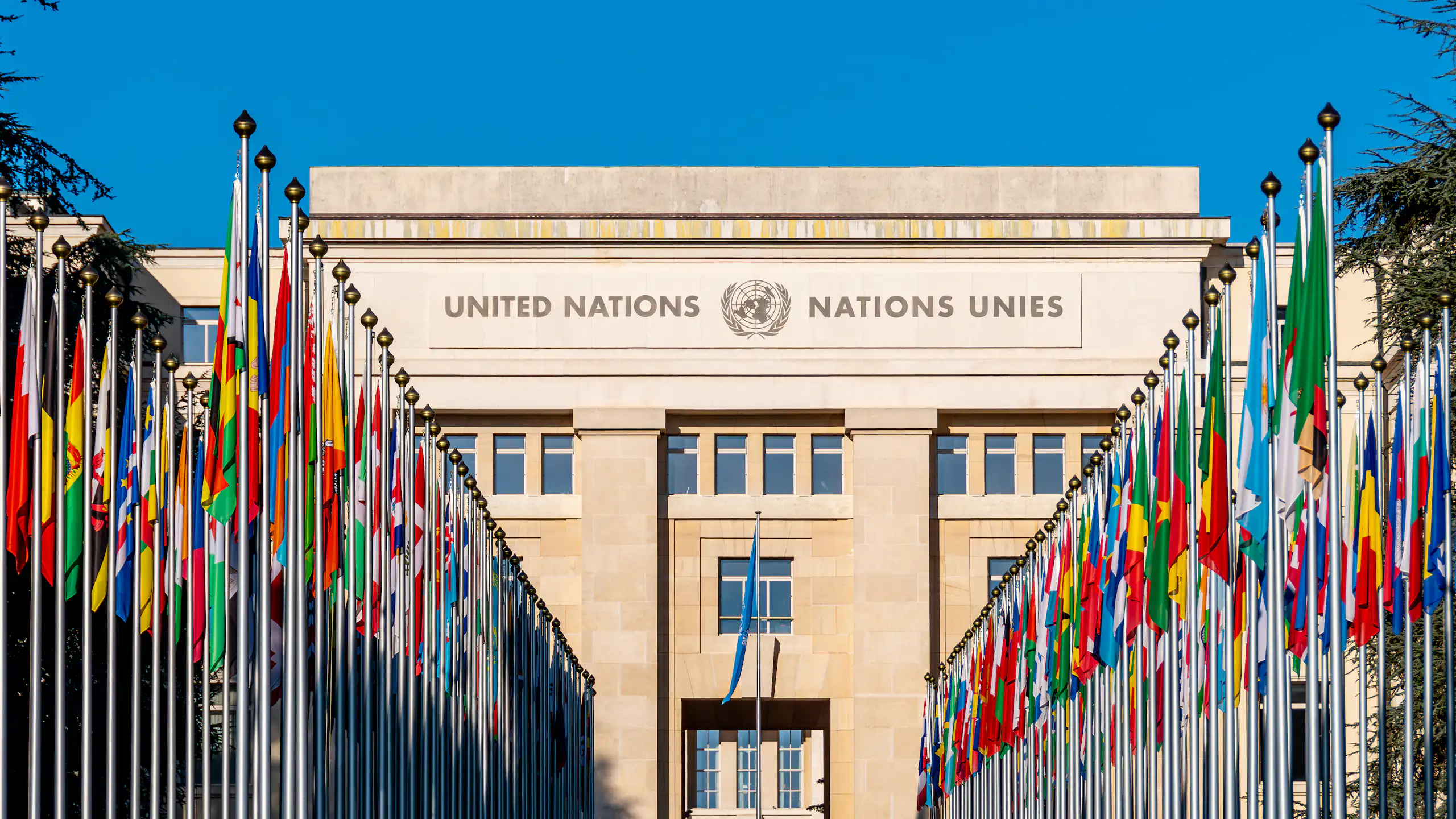 The Alley of Flags leads to the United Nations Office in Geneva, the European headquarters of the UN.