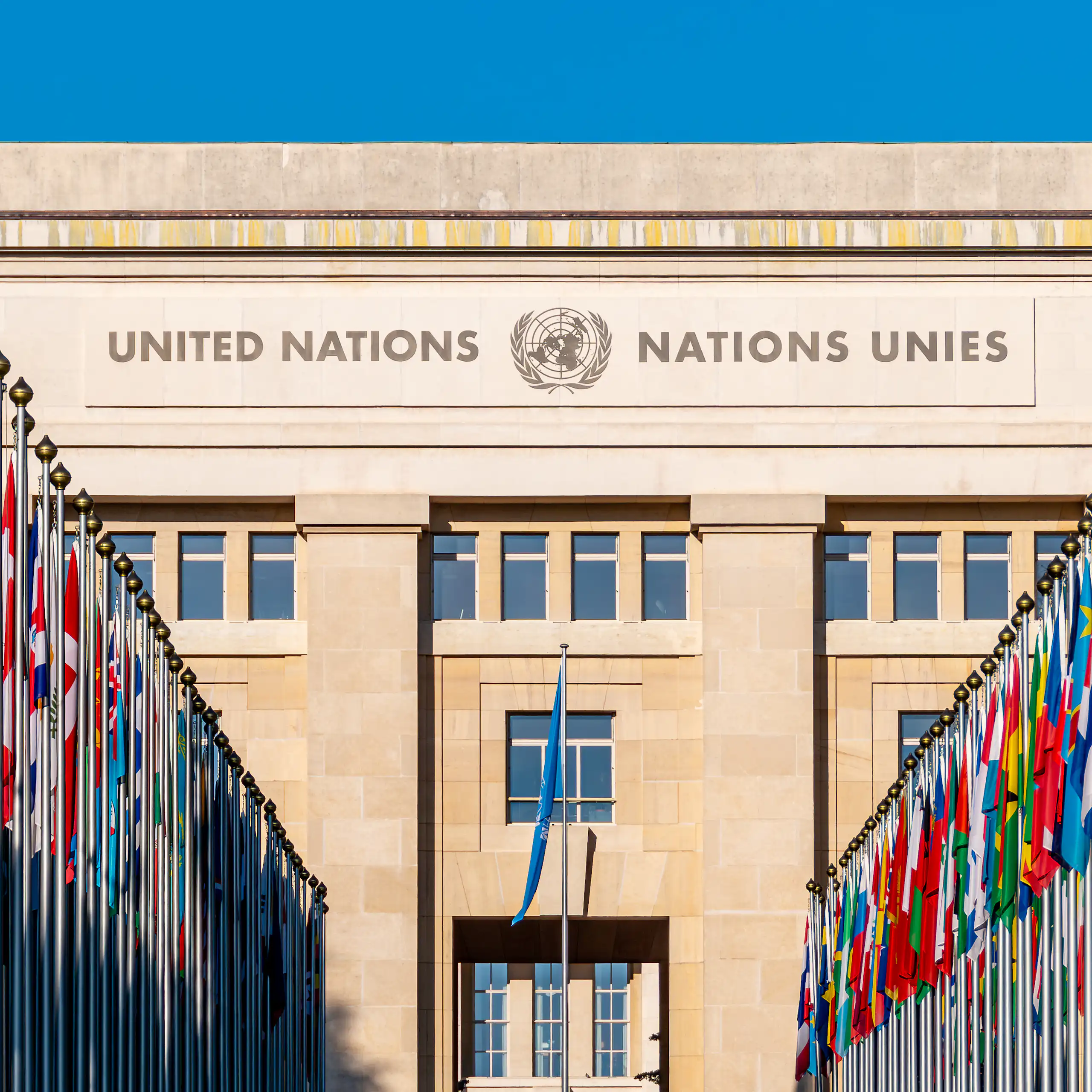 The Alley of Flags leads to the United Nations Office in Geneva, the European headquarters of the UN.