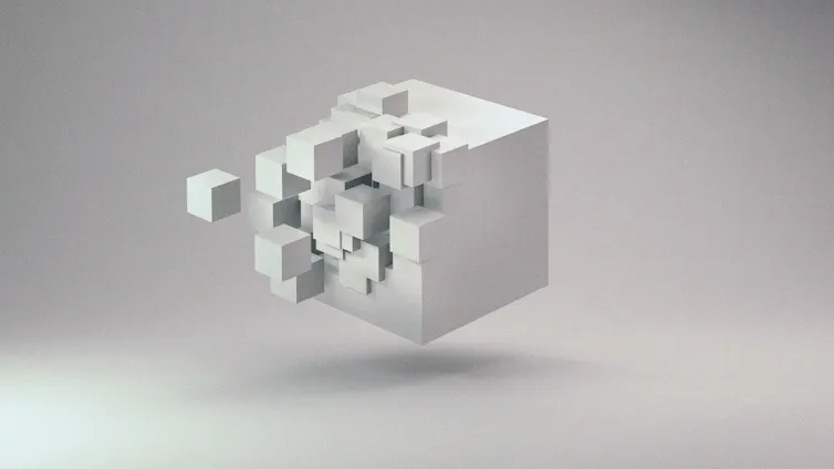 A disintegrating white cube floating in space
