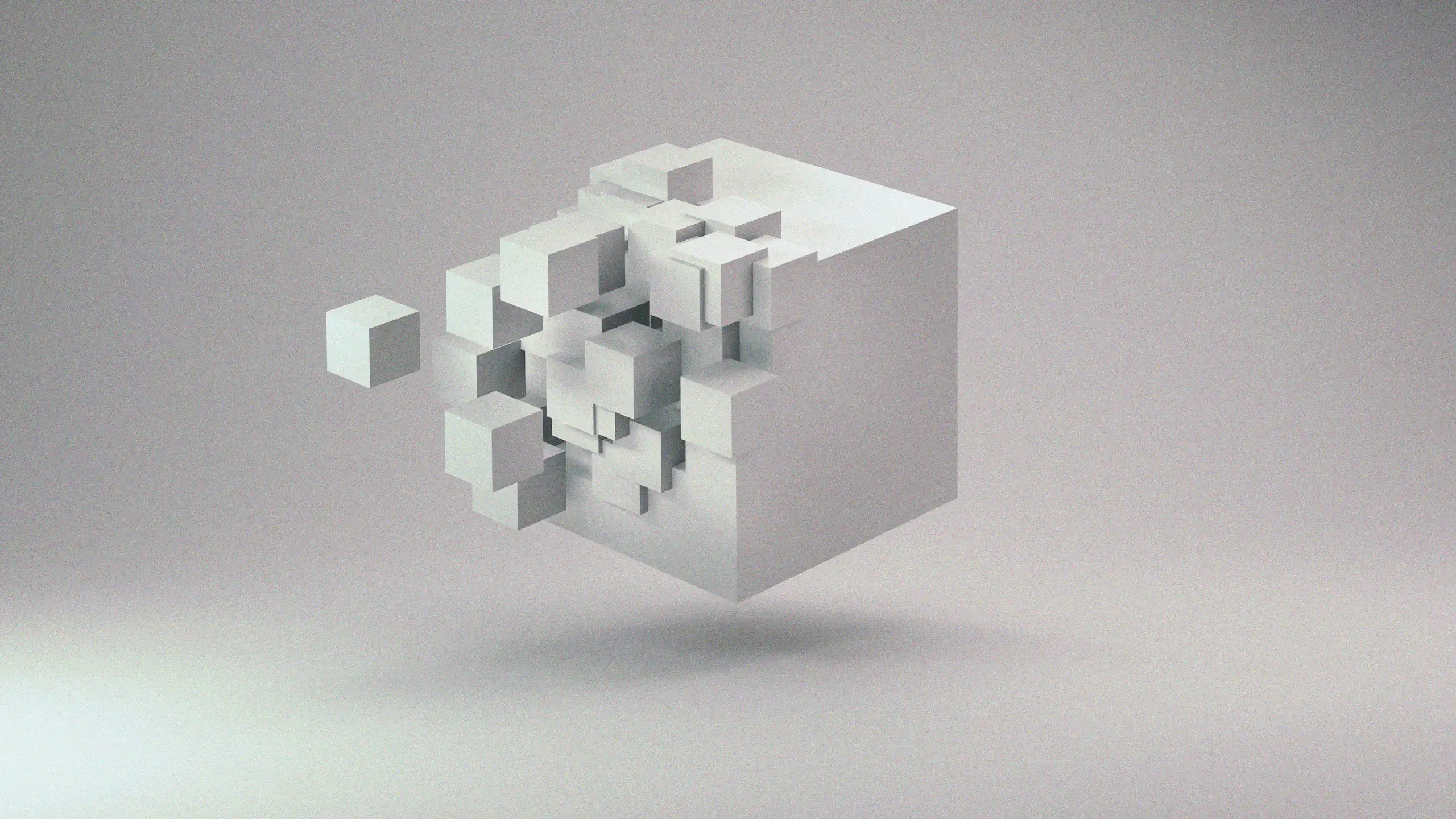 A disintegrating white cube floating in space