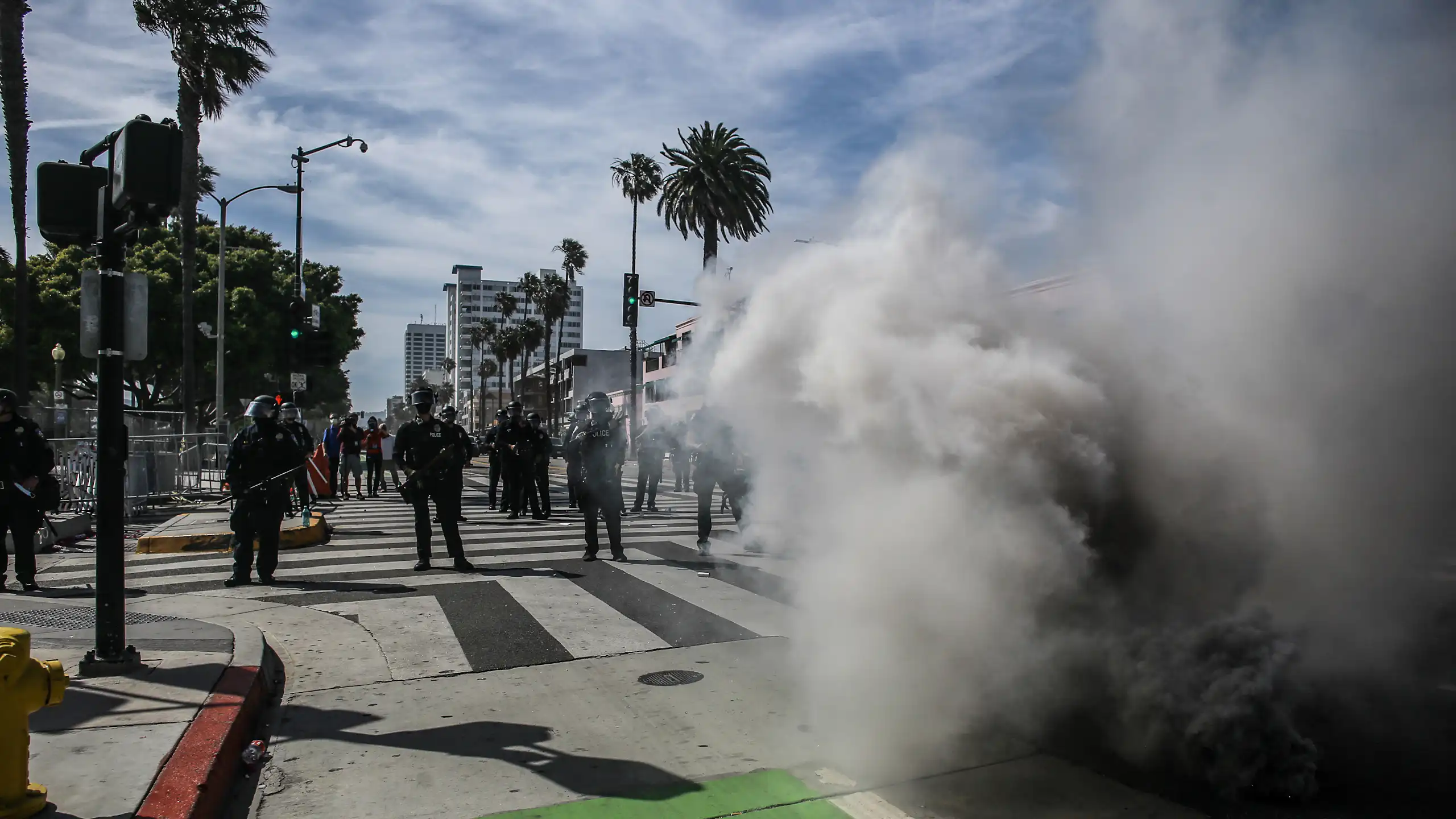 A cloud of tear gas dissipates in front of police on a Los Angeles street, with palm trees.