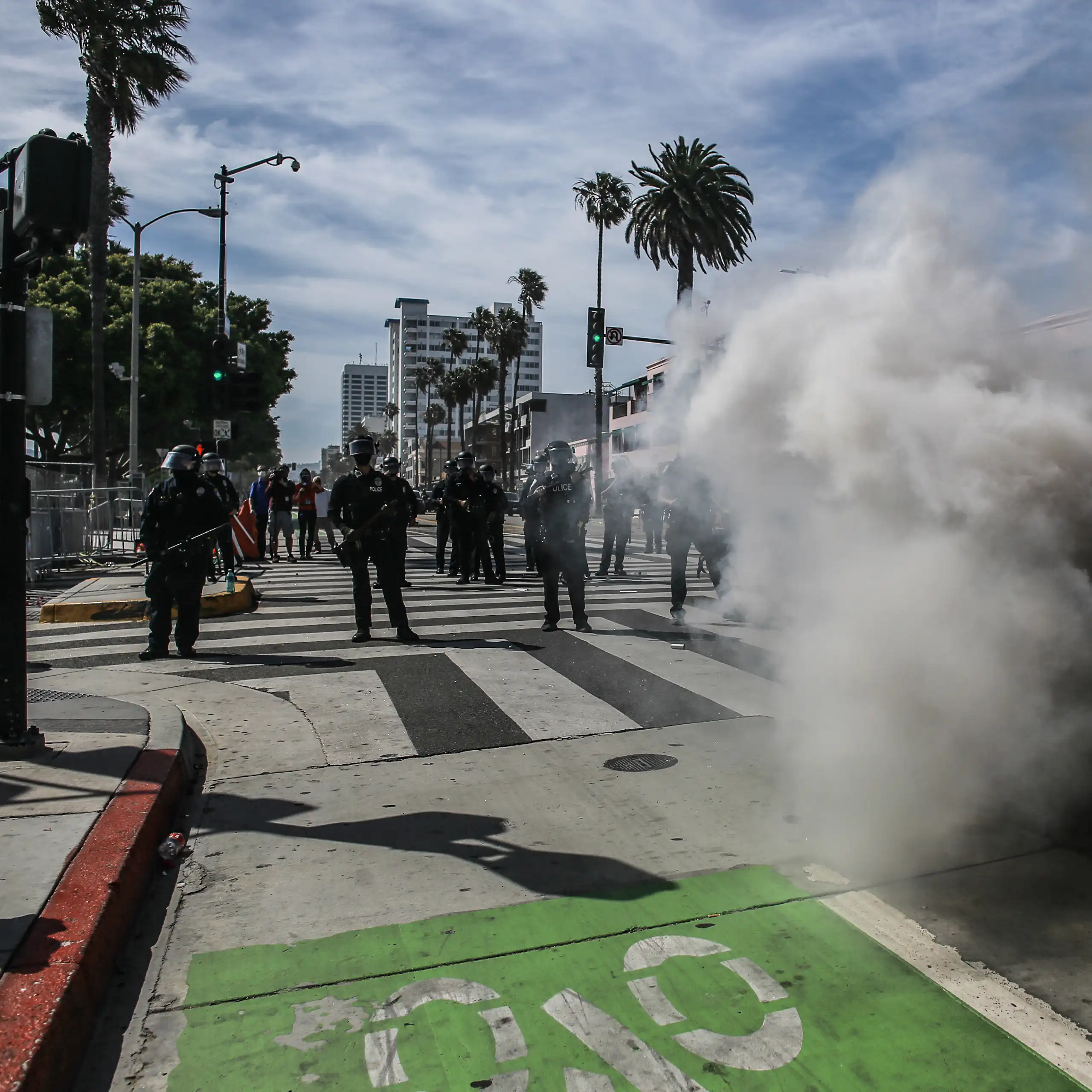 A cloud of tear gas dissipates in front of police on a Los Angeles street, with palm trees.