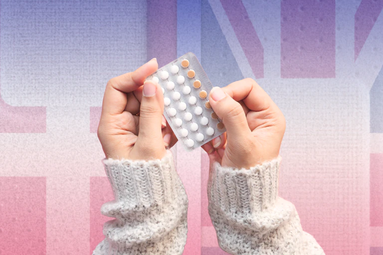 A woman's hands holding some medication with Danish and British flag in background.
