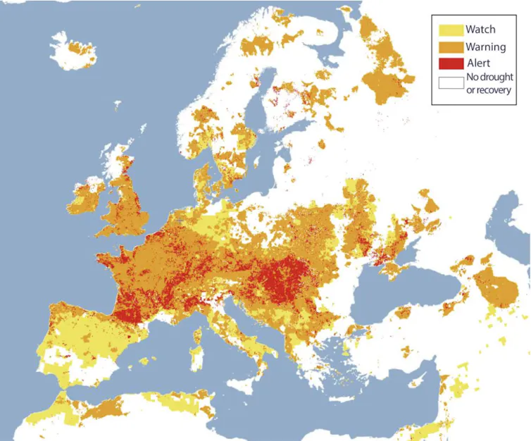 Mapa de Europa con zonas en amarillo, naranja y rojo indicando el grado de sequía