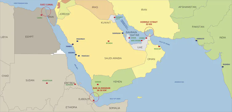 Map of Middle East showing Suez Canal, Bab al-Mandab Strait, Strait of Hormuz.