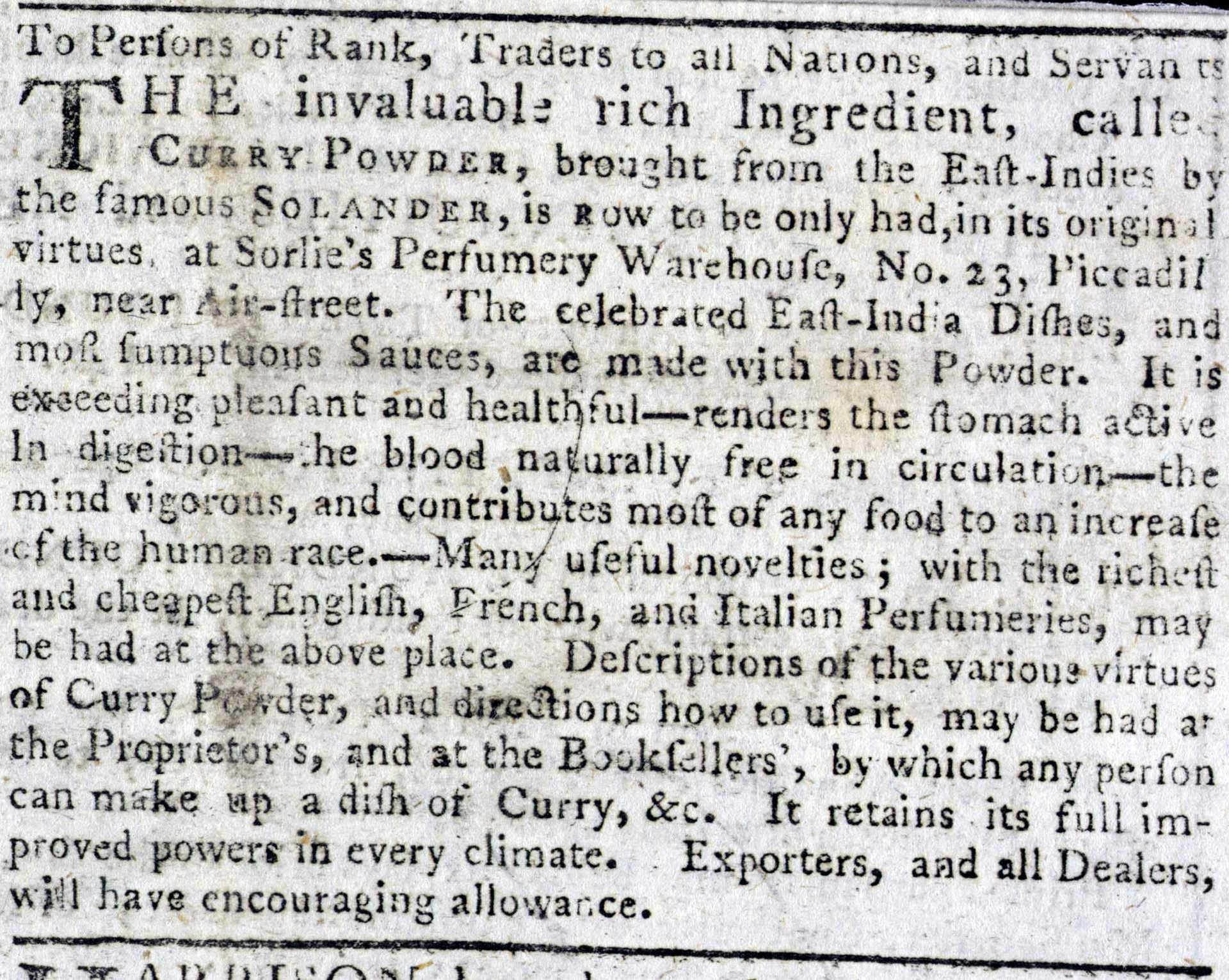 The first advert for Indian curry powder from 1784.
