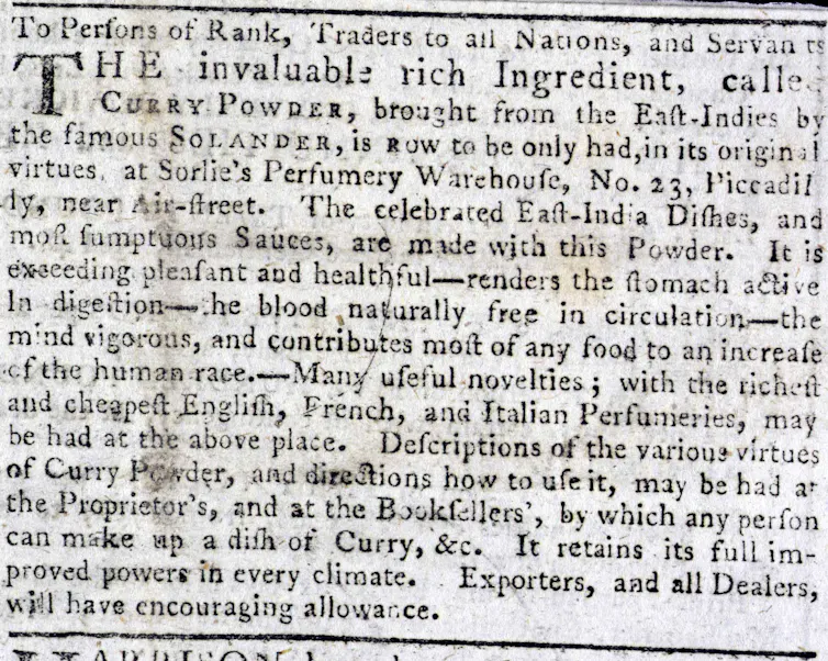 The first advert for Indian curry powder from 1784.