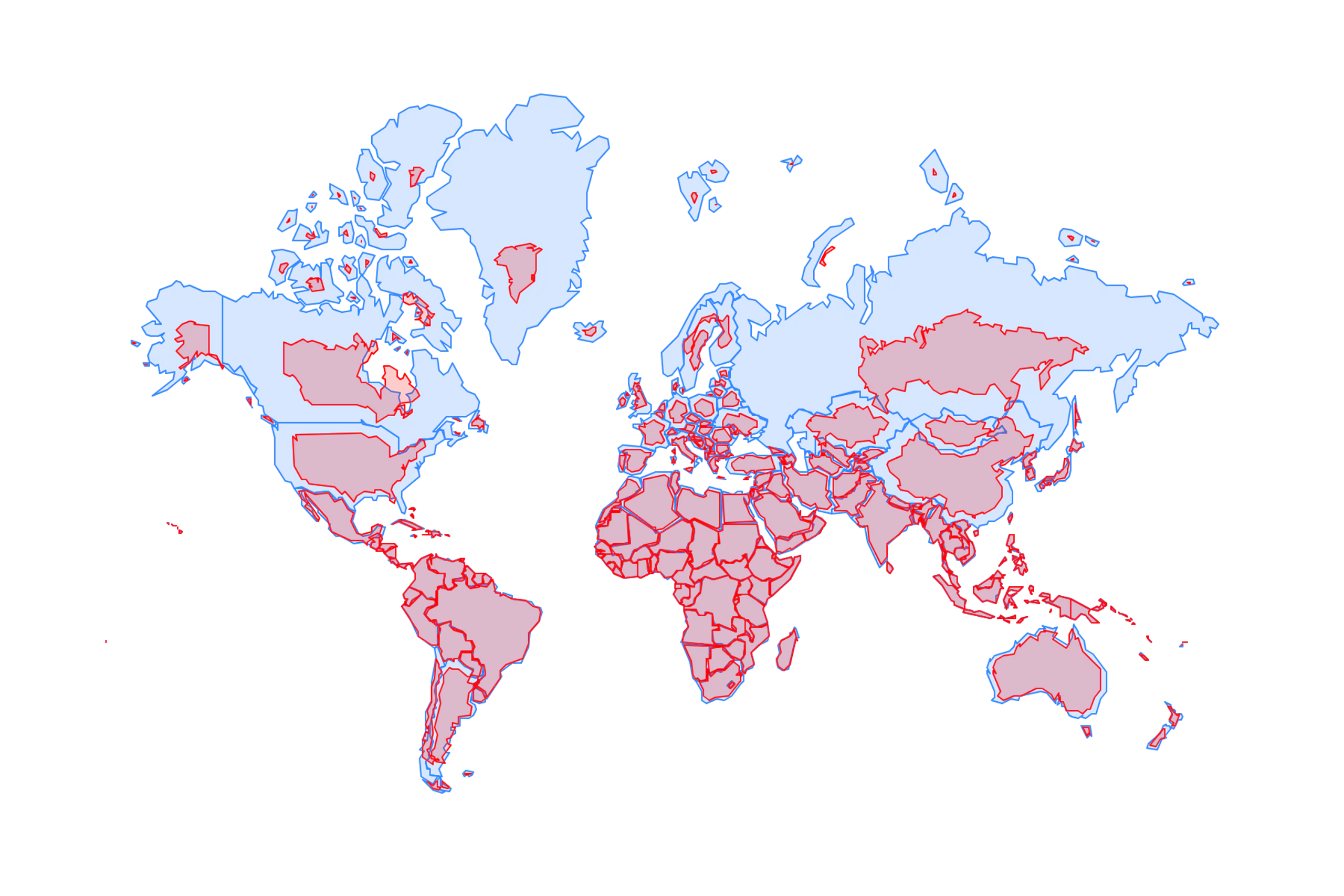 a map showing mercator's enlarged countries overlapped with smaller projections depicting their true size