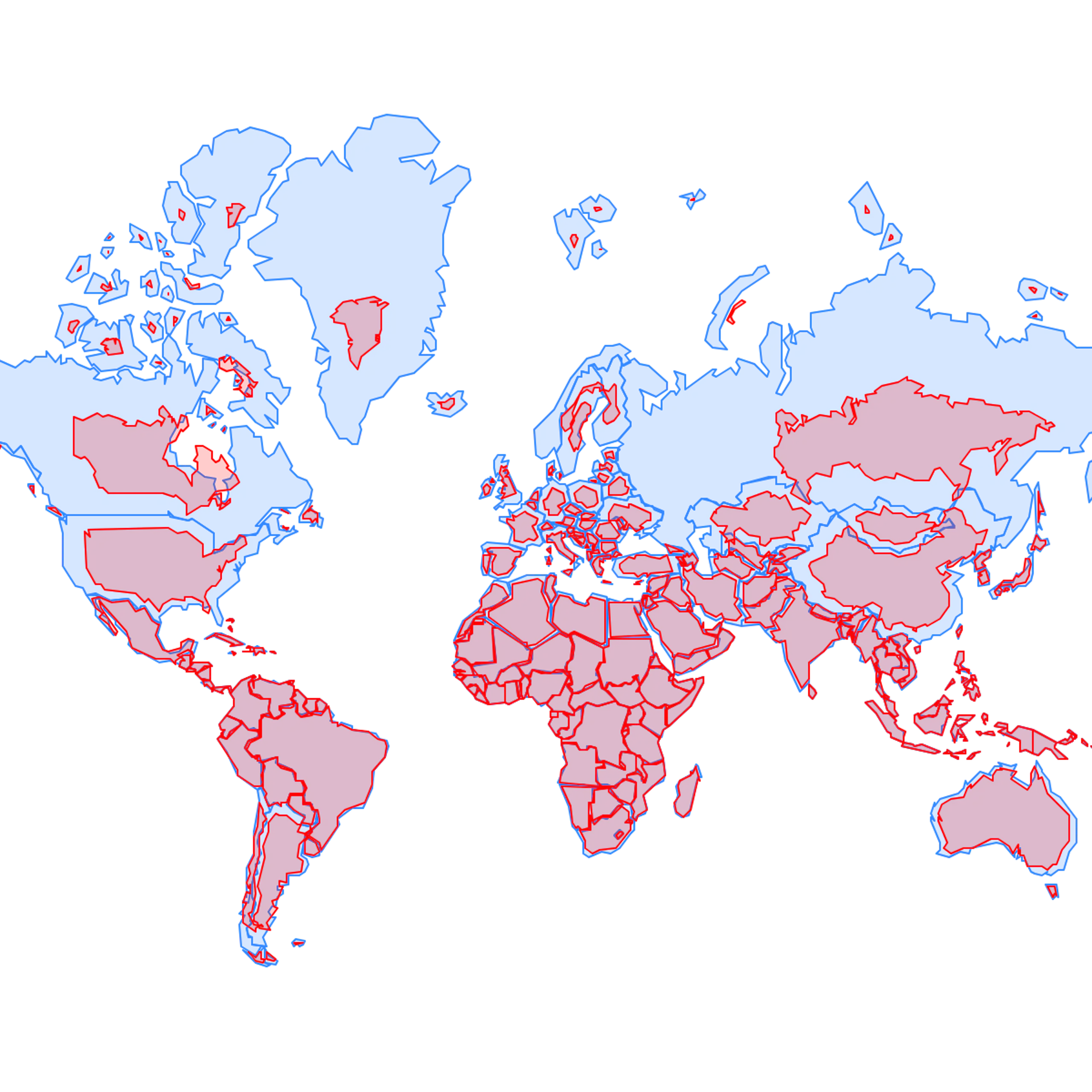 a map showing mercator's enlarged countries overlapped with smaller projections depicting their true size