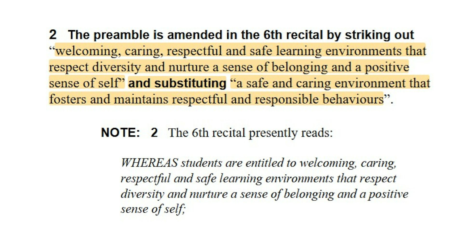 A text saying the preamble is amended to strike out 'welcoming, caring, respectful and safe learning environments that respect diversity and nurture a sense of belonging and a positive sense of self' and substituting 'a safe and caring environment that fosters and maintains respectful and responsible behaviours.'