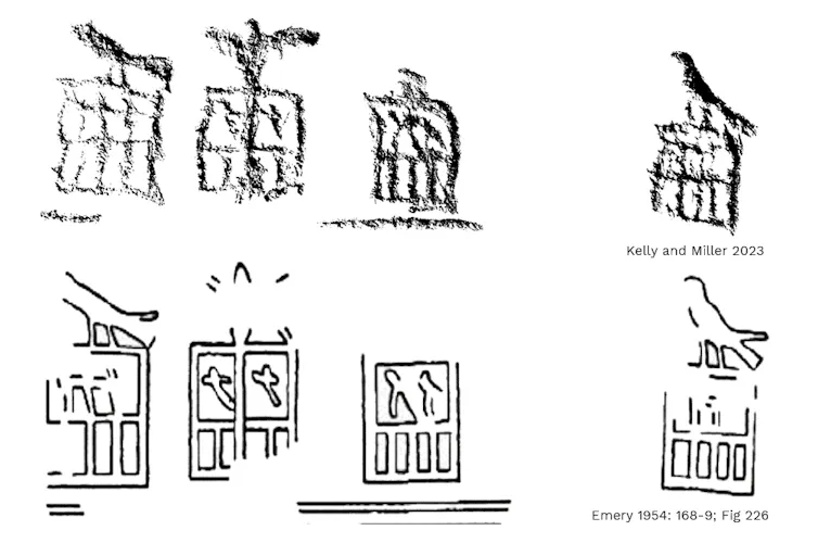 A row of four hieroglyphs, the top row isolated from the photo and the bottom row a drawing from 1954.