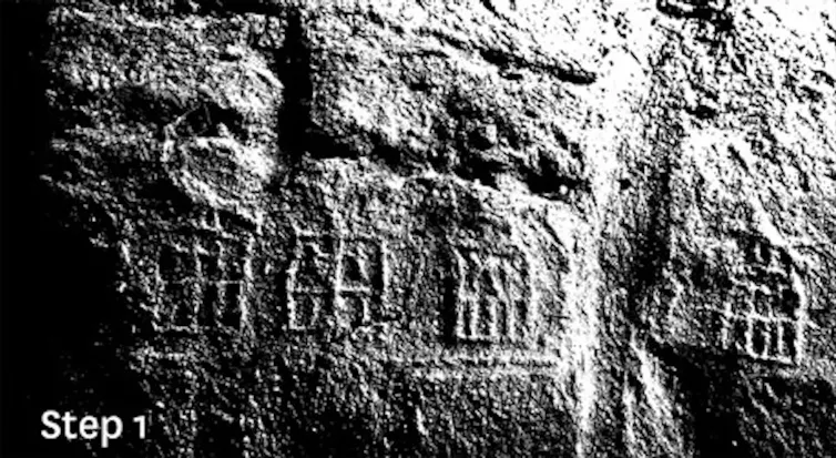 A black and white photo with four indistinct serekhs visible.