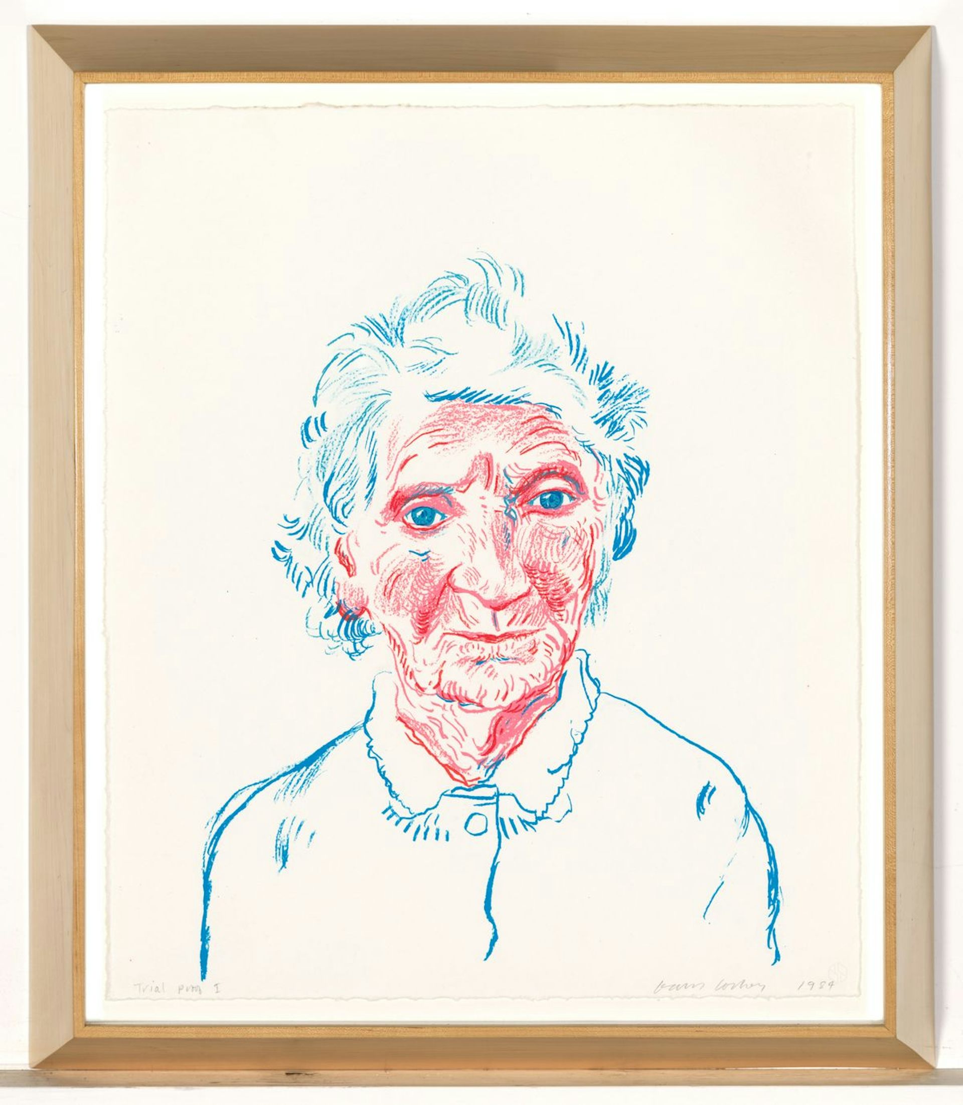 Framed portrait of an older woman, in pink and blue tones.