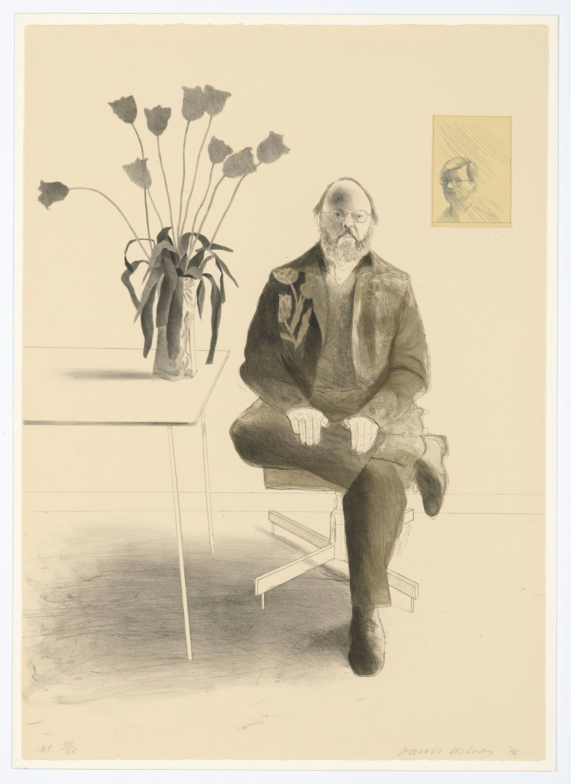 Framed portrait of a balding man sitting beside a table with a vase of tulips, in grey tones.