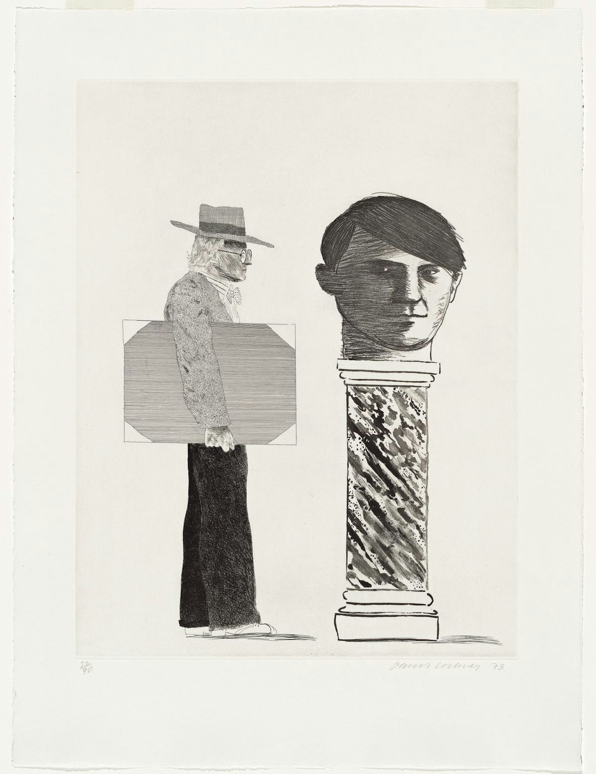 Framed image of a man in a hat standing next to a plinth bearing another man's oversized head.