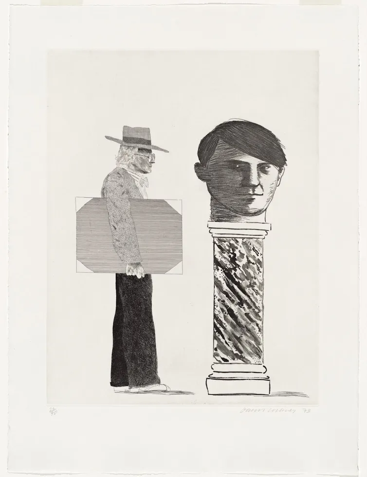 Framed image of a man in a hat standing next to a plinth bearing another man's oversized head.