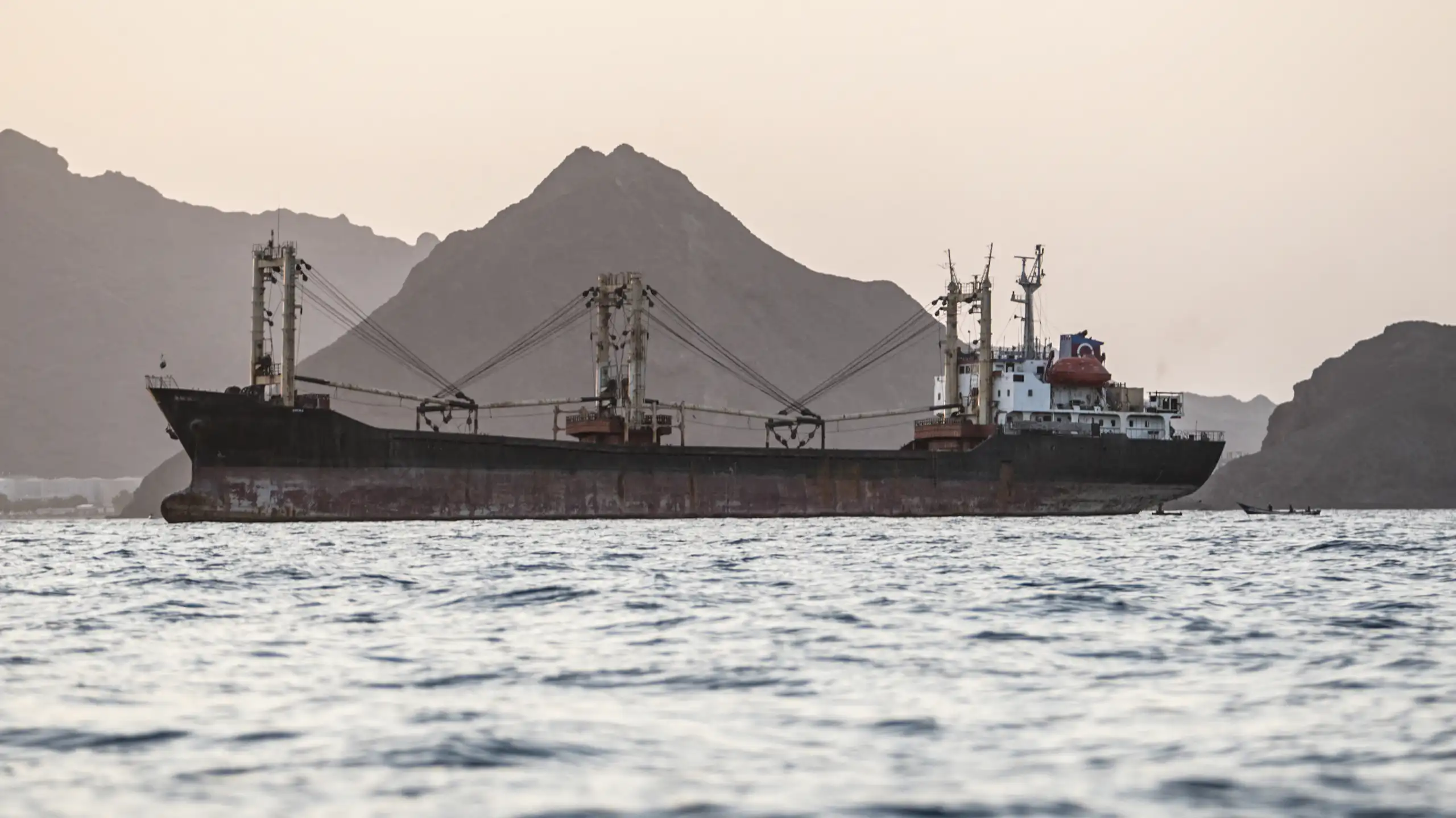 A commercial vessel is anchored off Yemen's coast in the Bab el-Mandeb strait.