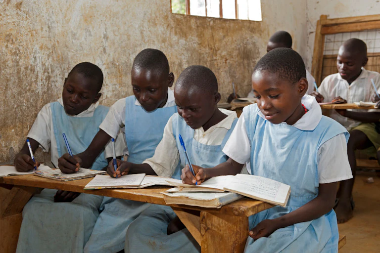 Four girls in uniform writing at a school desk