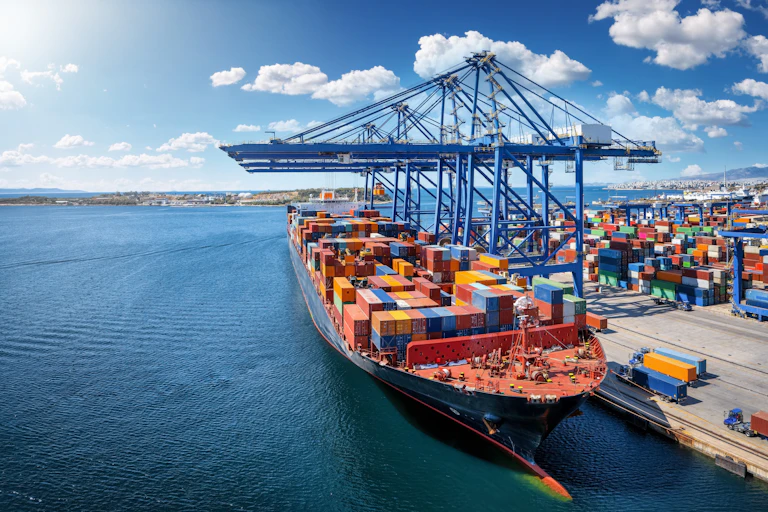 Vue d'un porte-containers à quai dans un grand port.