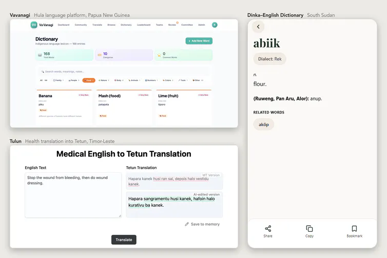 Screenshots of the three tools showing examples of them in action.